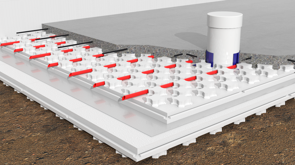 Heat-Sheet made with graphite polystyrene, placed "nodules-down" and used in an insulated under-slab radon mitigation insulation layer application.
